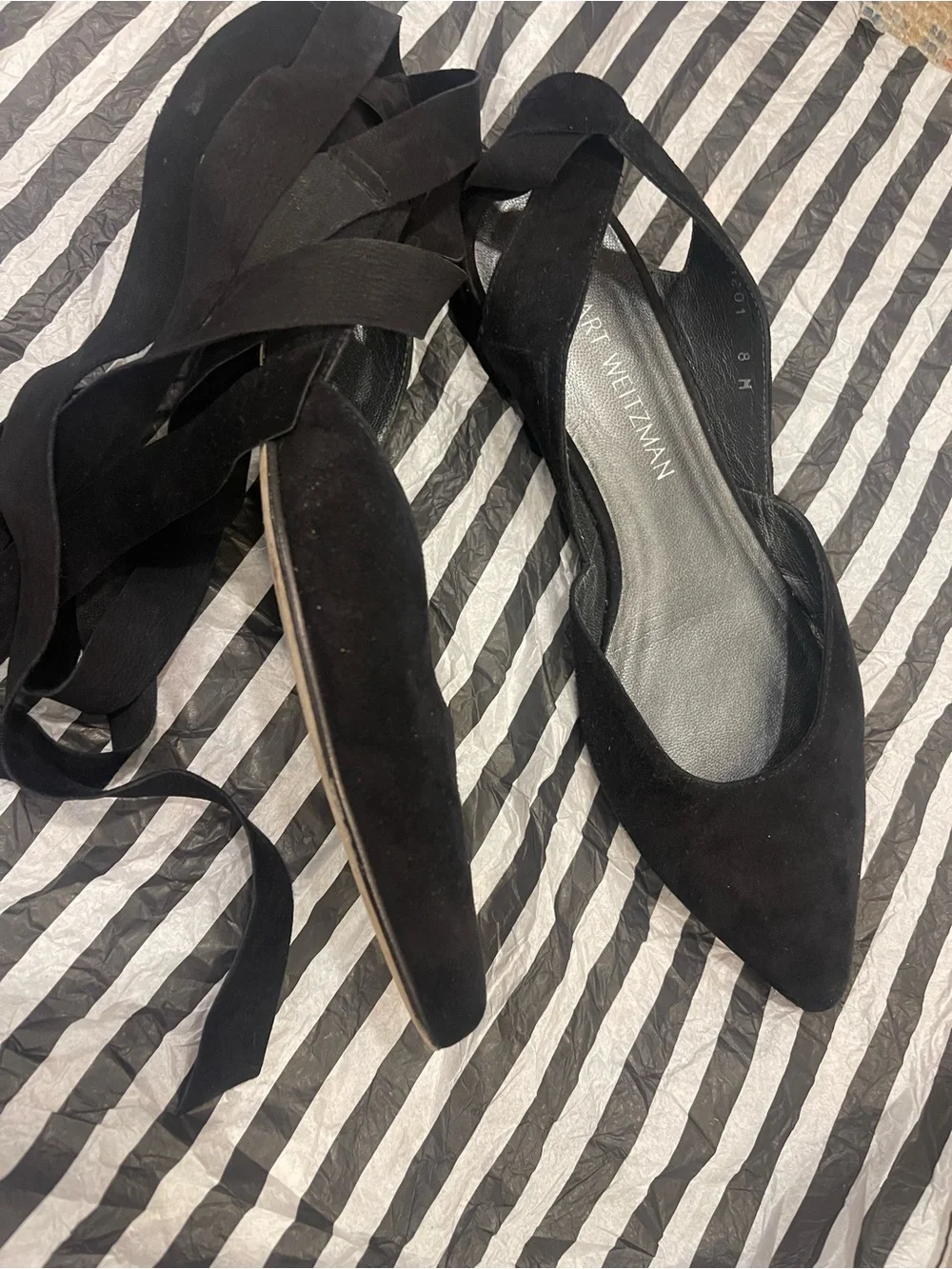 Stuart Weitzman Black Suede Pointed Tie-Back Flats with Ankle Ribbons - Picture 3 of 10
